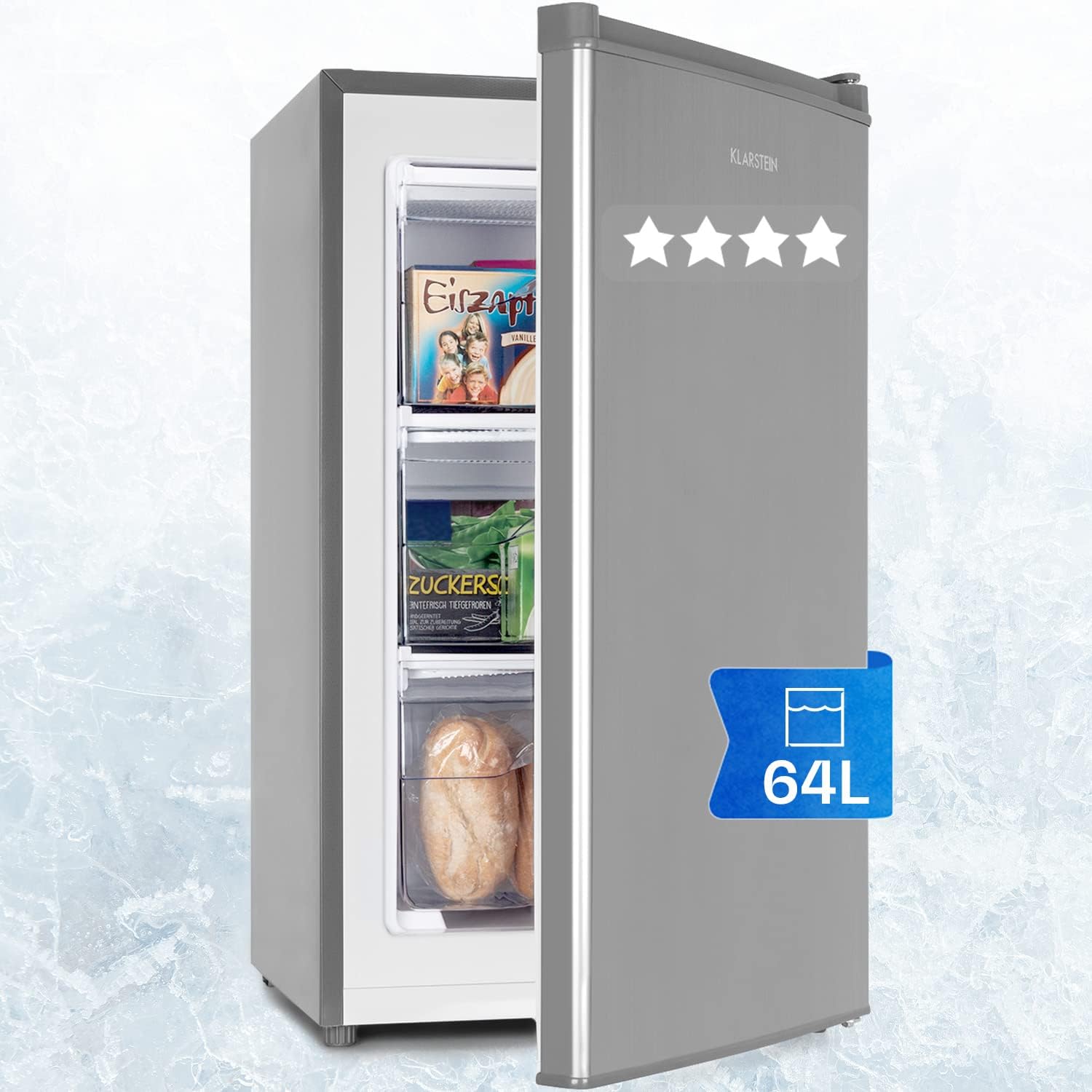 Klarstein Mini Gefrierschrank, 64 l, Klein & Leise, Freistehend, Mit Eiswürfelform & Eisschaber, Effizient, Kompakter Tiefkühlschrank