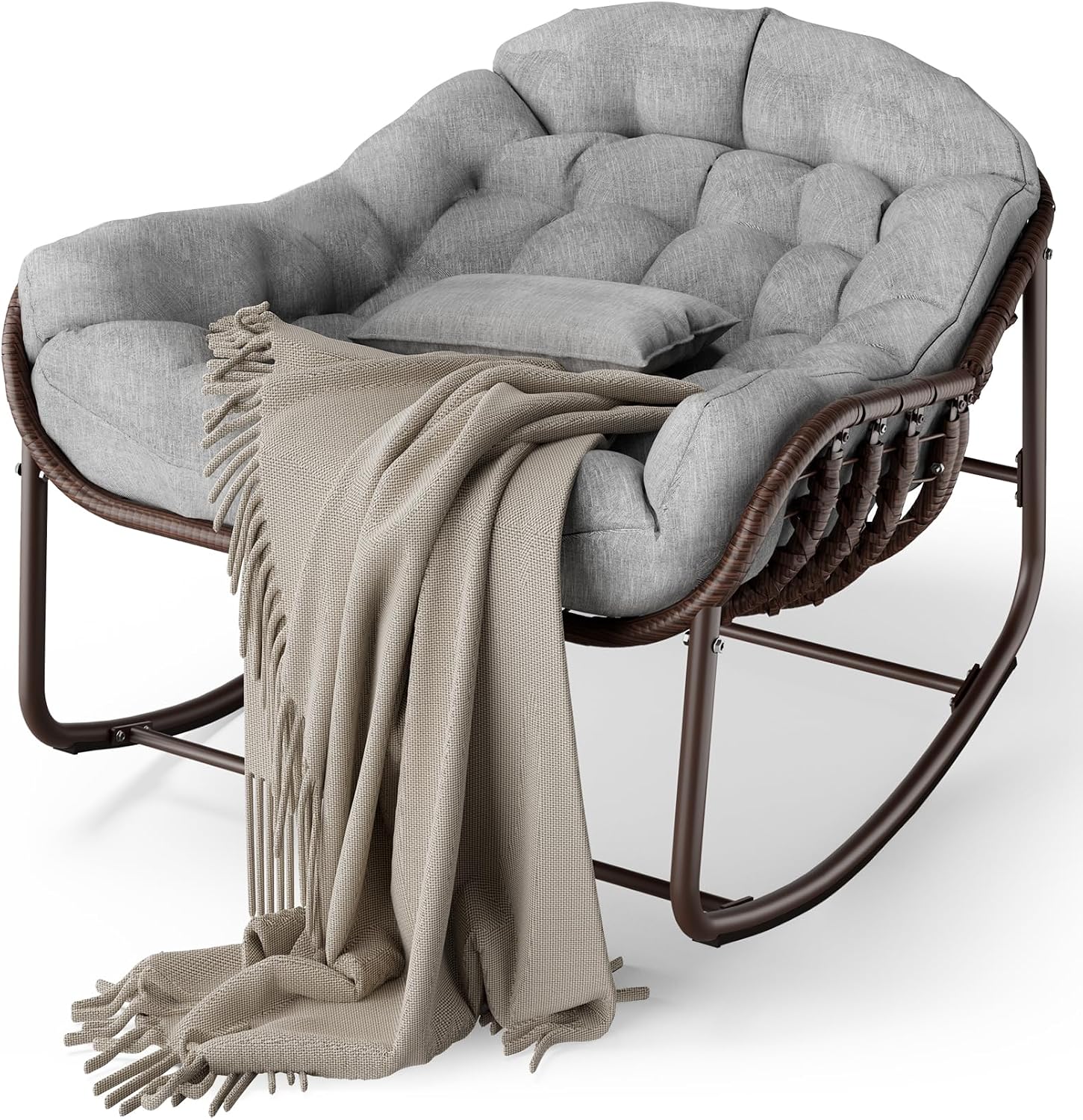 GarveeHome Outdoor Patio Schaukelstühle, Überdimensionierter Papasan-Schaukelstuhl für Innen mit Gepolstertem Kissen, Ei-Schaukelstuhl für Wohnzimmer