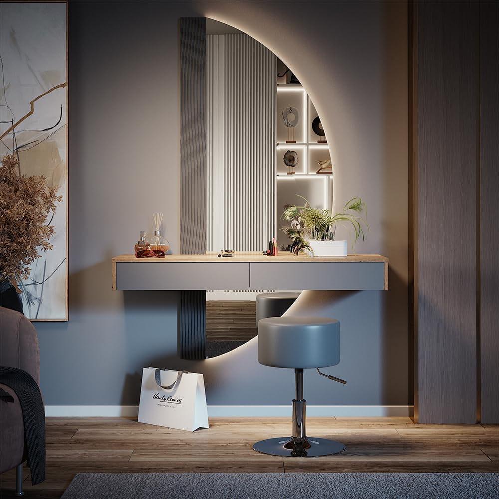 Vicco Schminktisch Melisa, 120 cm mit Beleuchtung und Hocker, Grau, Flexible Höhe möglich, Auf individuelle Bedürfnisse einstellbar