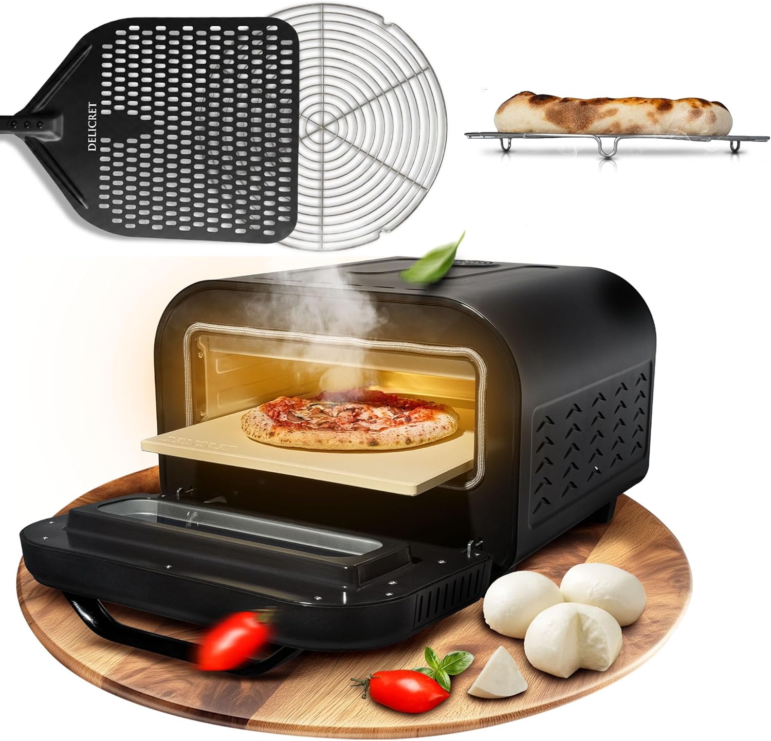 delicret the delicate secrets of the world Pizzaofen 12' Tisch, bis zu 450°C, 1700 Watt, Schwarz