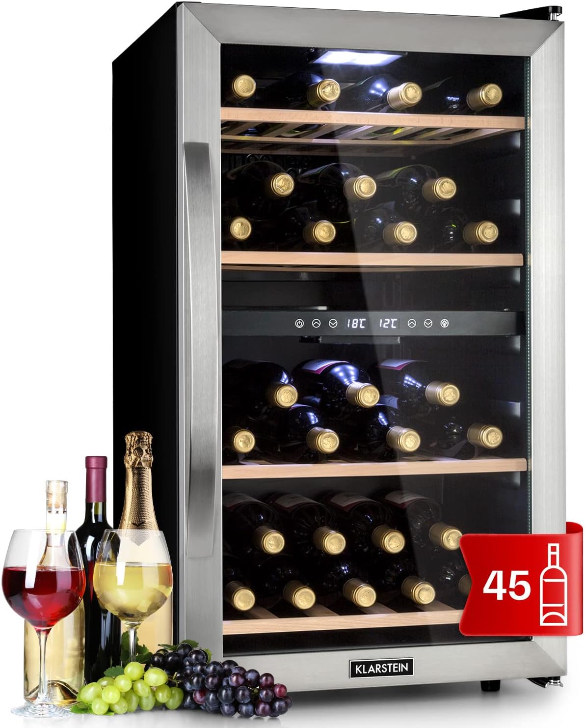 Klarstein Weinkühlschrank, 5-18 °C, Getränkekühlschrank Schmal, Kühlschrank mit Glastür, Getränkekühlschränke Freistehend, Weinkühlschrank Klein