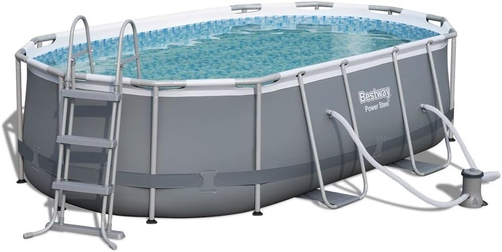 Bestway Power Steel Frame Pool Set, 424 × 250 × 100 cm, Grau, Oval