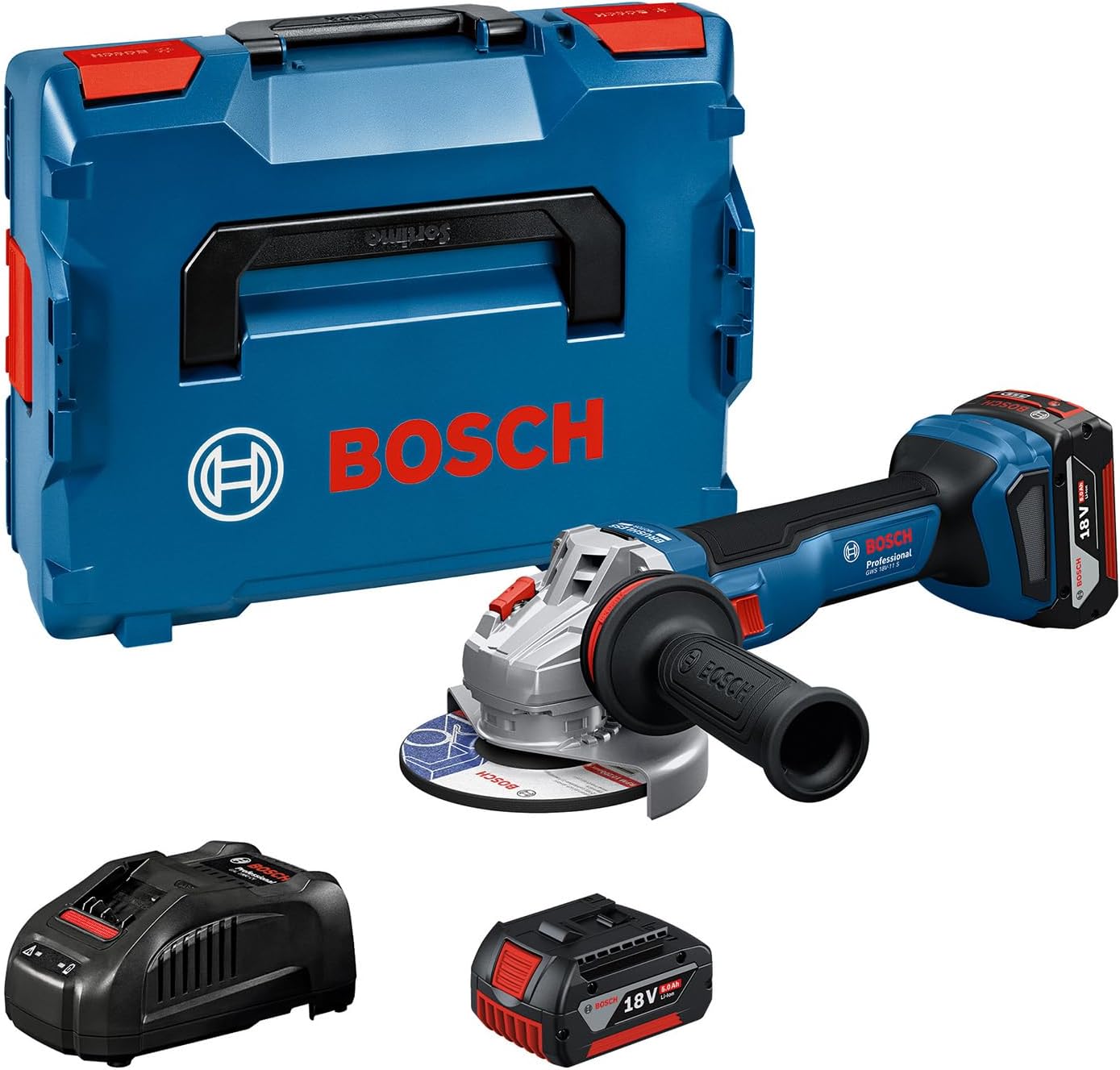 Bosch Professional Cordless Angle Grinder GWS 18 Schleifer, 18 V, Blau/Schwarz/Rot