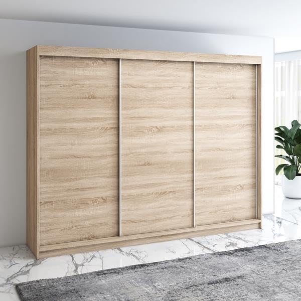 A&J MöbelLand Mero Schwebetürenschrank 200 Kleiderschrank, Kleiderschrank 3-türig mit 4 Schubladen (Sonoma), 200 cm, Holz, Stauraum