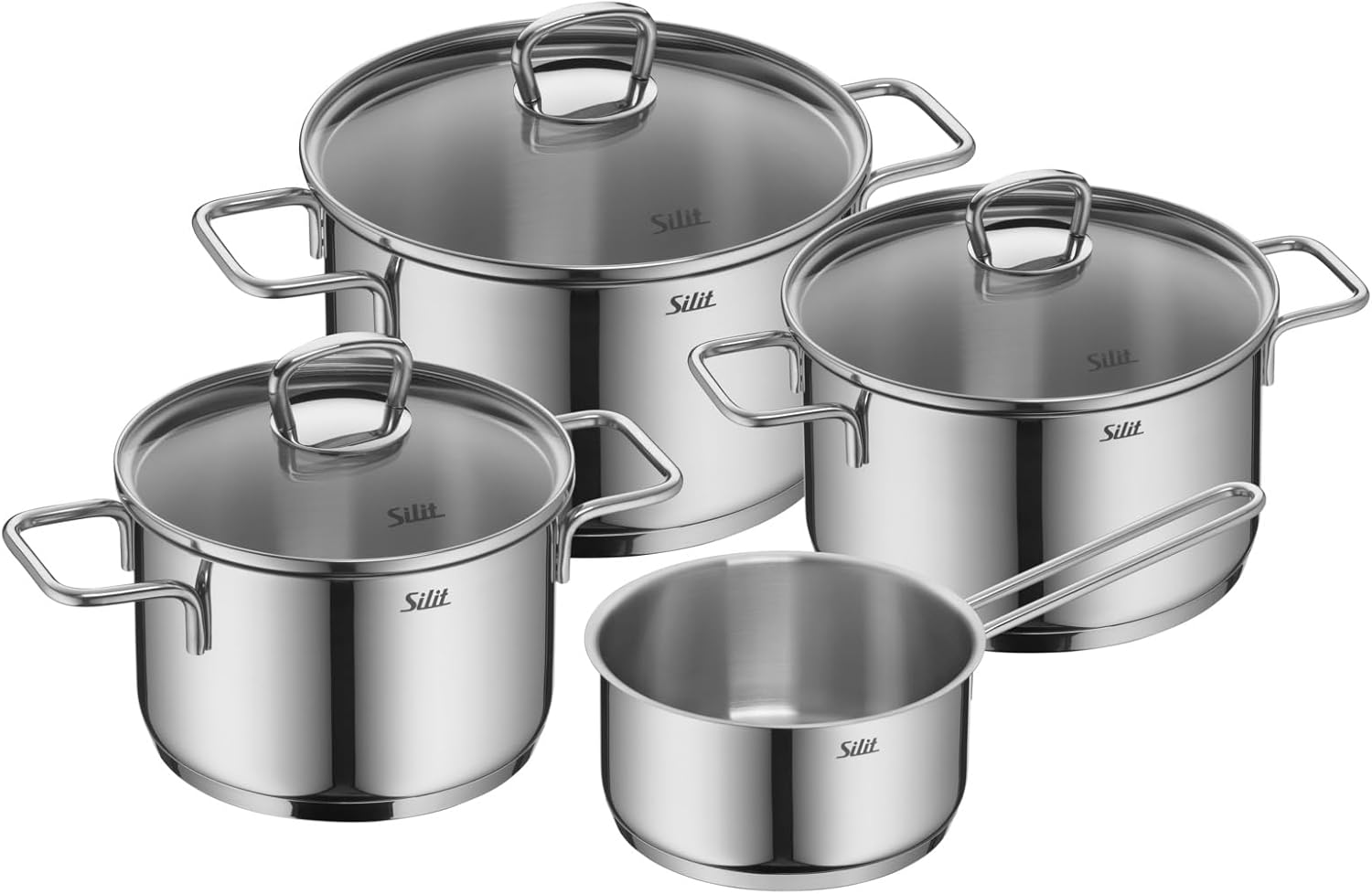 Silit Alicante Topfset Induktion 4-teilig, Kochtopf Set mit Glasdeckel, Induktions Töpfe Set unbeschichtet, Edelstahl poliert