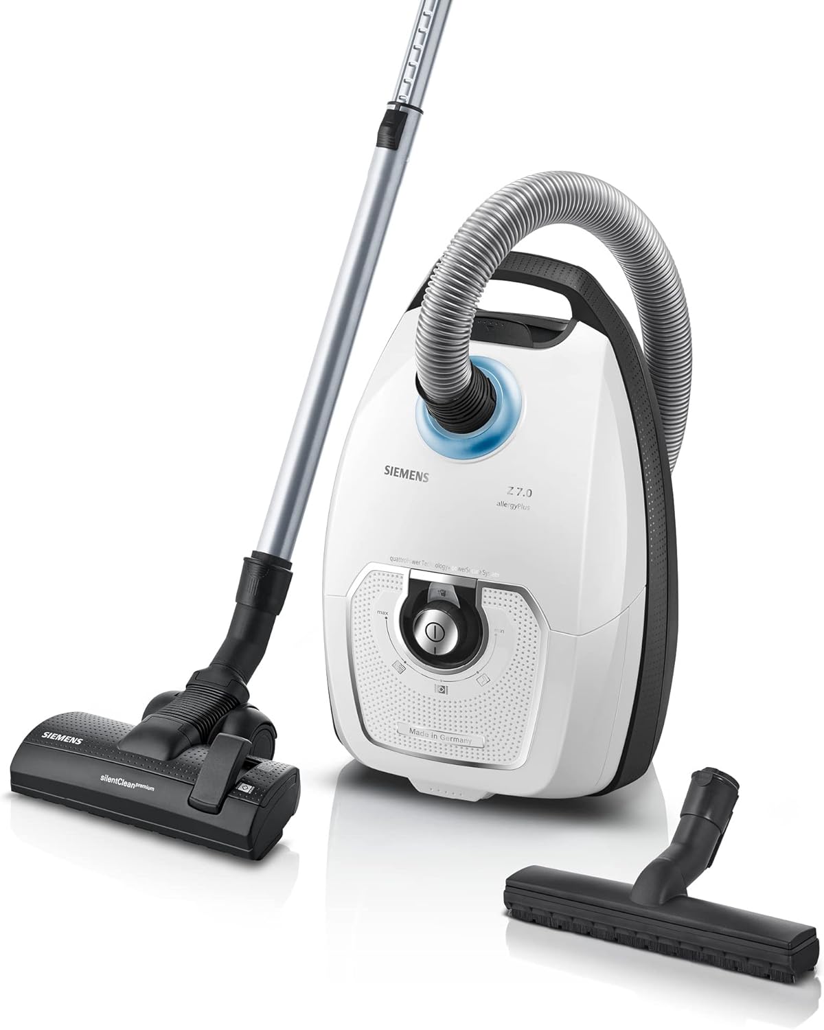 Siemens Staubsauger mit Beutel Z 7.0 VSZ7442S, 650 W, Geeignet für Allergiker, Hygiene-Filter Plus, Extrem leise, Bodendüse für Parkett, Teppich, Weiß