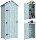 Outsunny Gartenschrank Holz, Geräteschuppen wetterfest 77 × 54,2 × 179 cm, Hellblau+Grün, Gerätehaus mit Tür, Satteldach, Geräteschrank mit Böden