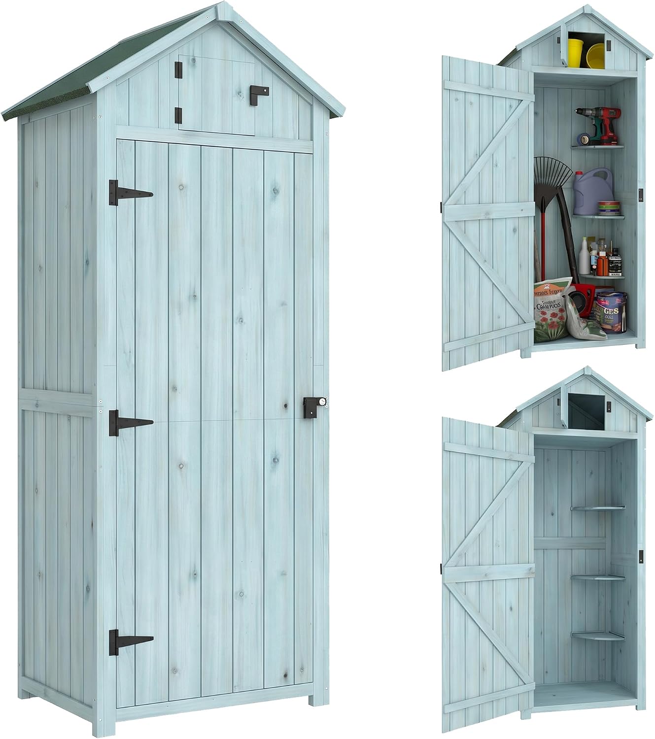 Outsunny Gartenschrank Holz, Geräteschuppen wetterfest 77 × 54,2 × 179 cm, Hellblau+Grün, Gerätehaus mit Tür, Satteldach, Geräteschrank mit Böden