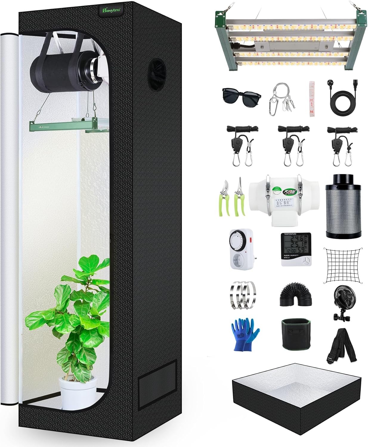 BOSYTRO Grow Komplettset Zuchtzelt, 120W LED Grow Lampe Vollspektrum, Zeitschaltuhr (60 × 60 × 180 cm-4Z), Led Grow Tent Kit, Timer, Edelstahl