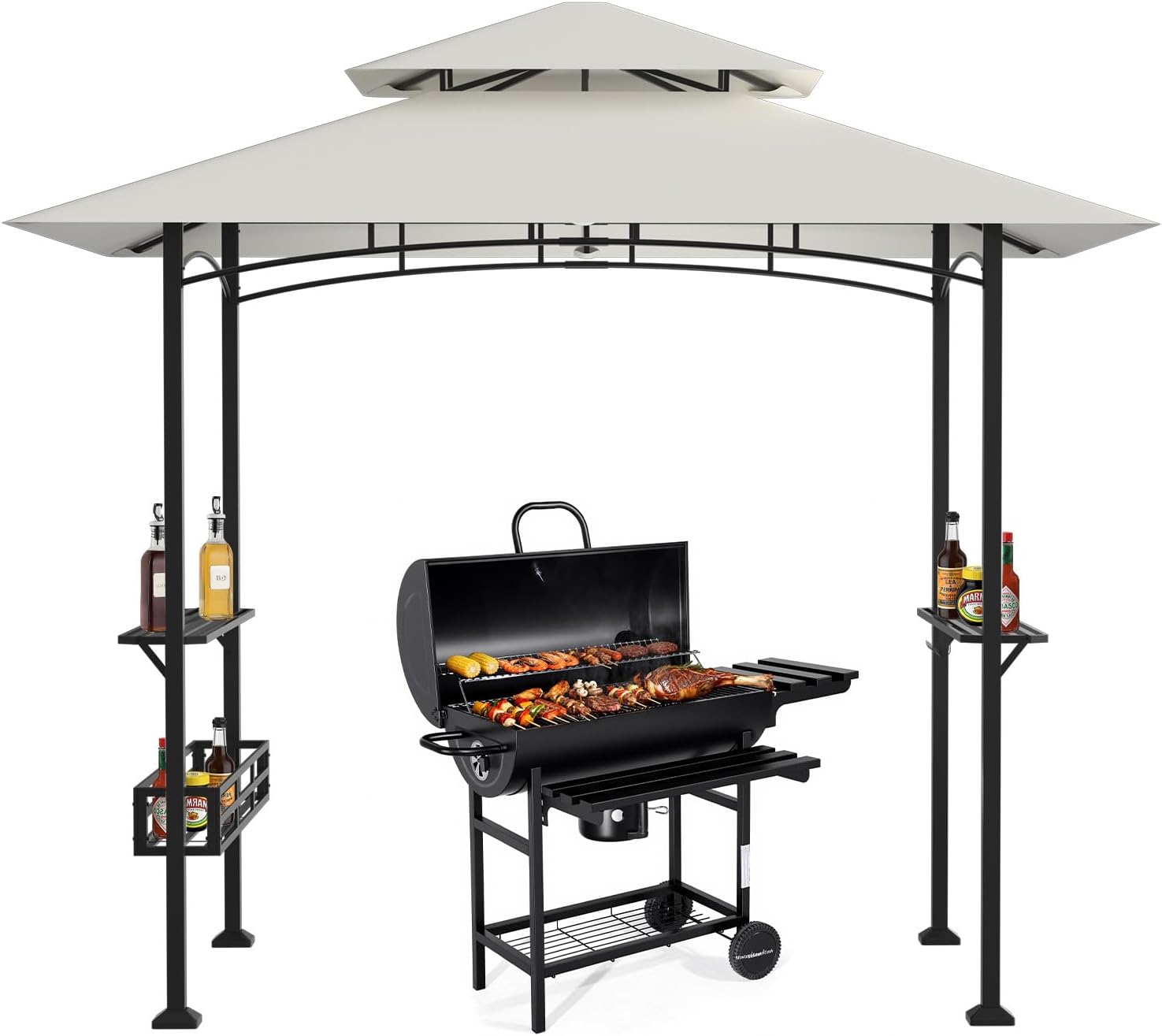 Eikuavons Pavillon Grill 238 × 148 × 242 cm , 2 Seitenablagen, UV30+ Sonnenschutz, 40 × 40 × 0, 8 mm, 238 × 148 × 242 cm, BBQ, 10 Haken, Ablagekorb