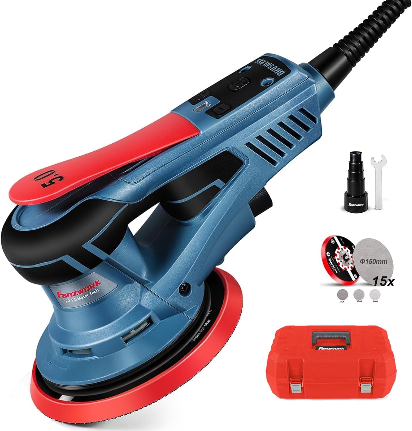 FANZTOOL FANZWORK Bürstenloser Exzenterschleifer EZ150A mit Tragkoffer Staubsauger, 5 mm Schleifhub, 150 mm Schleifteller, 15x Schleifgitter