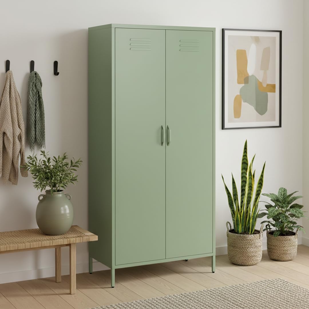 Skølm Atria Kleiderschrank Metall, Metallkleiderschrank 80 cm breit, Metallschrank mit 6 Fächern & 2 Kleiderstangen, Garderobenschrank in Mintgrün