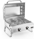 Onlyfire Tischgasgrill 2 Edelstahlbrennern, 4.7 kW, Grillfläche 46 × 35 cm, Tischgrill mit Deckel, Grillrost, BBQ Tragbarer Tisch Gasgrill