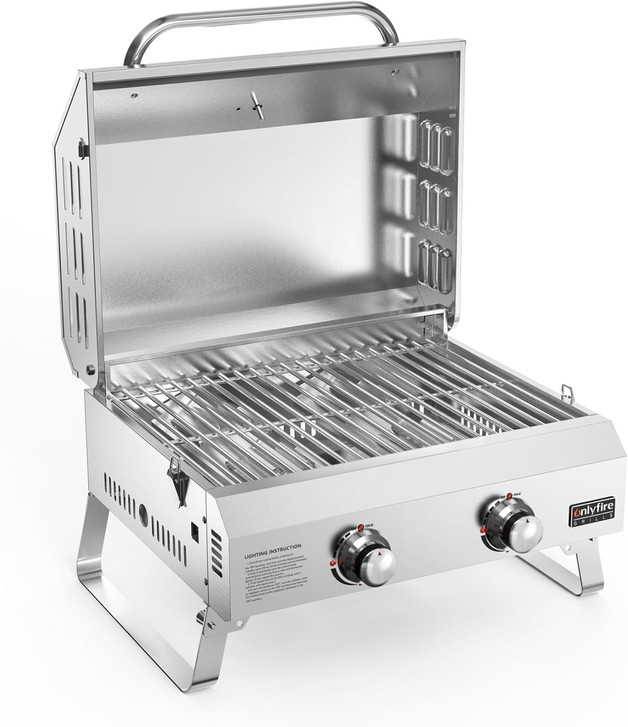 Onlyfire Tischgasgrill 2 Edelstahlbrennern, 4.7 kW, Grillfläche 46 × 35 cm, Tischgrill mit Deckel, Grillrost, BBQ Tragbarer Tisch Gasgrill