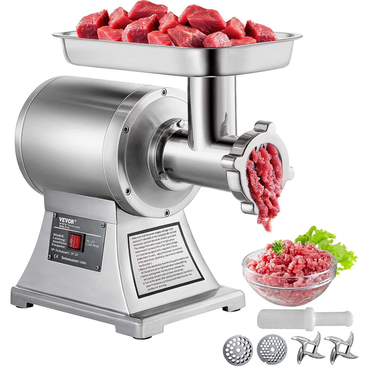 SucceBuy VEVOR Elektrischer Fleischwolf 850 W, Hackfleisch Maschine 150 kg pro Stunde, Elektrische Wurstmaschine 448 × 210 × 387 mm, 1100 Watt
