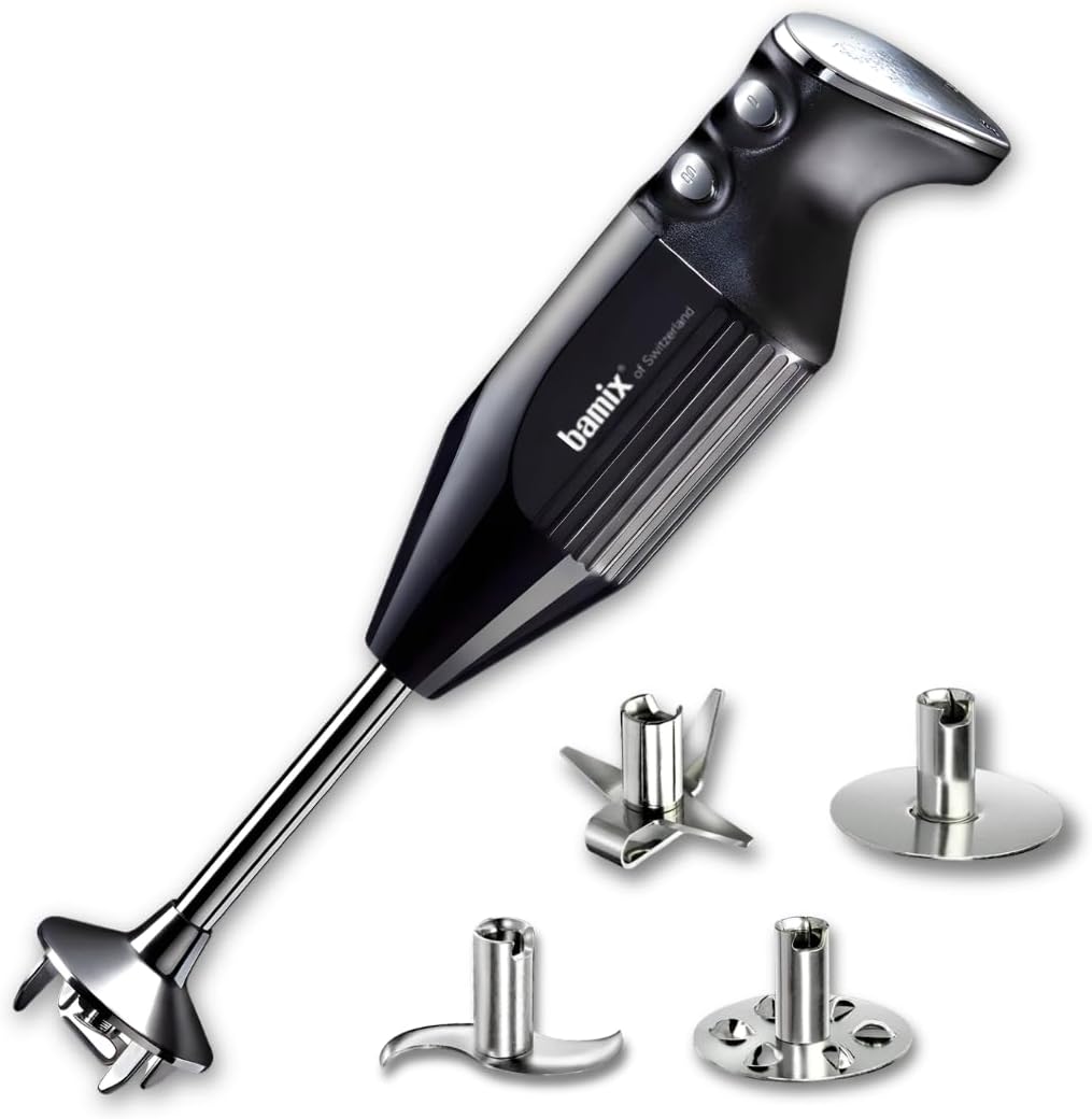 Bamix Stabmixer Set M350 MAXX inkl. Multifunktions, Schwarz/Chrom, Fleisch, Quirl, Schlagscheibe aus Edelstahl, 300 Watt, 2-Stufen