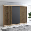 A&J MöbelLand Schwebetürenschrank IOSA Kleiderschrank 3-türig mit 4 Schubladen, Garderobe 200 cm (Sonoma/Schwarz/Schwarz/Schwarz), Stauraum