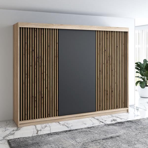 A&J MöbelLand Schwebetürenschrank IOSA Kleiderschrank 3-türig mit 4 Schubladen, Garderobe 200 cm (Sonoma/Schwarz/Schwarz/Schwarz), Stauraum