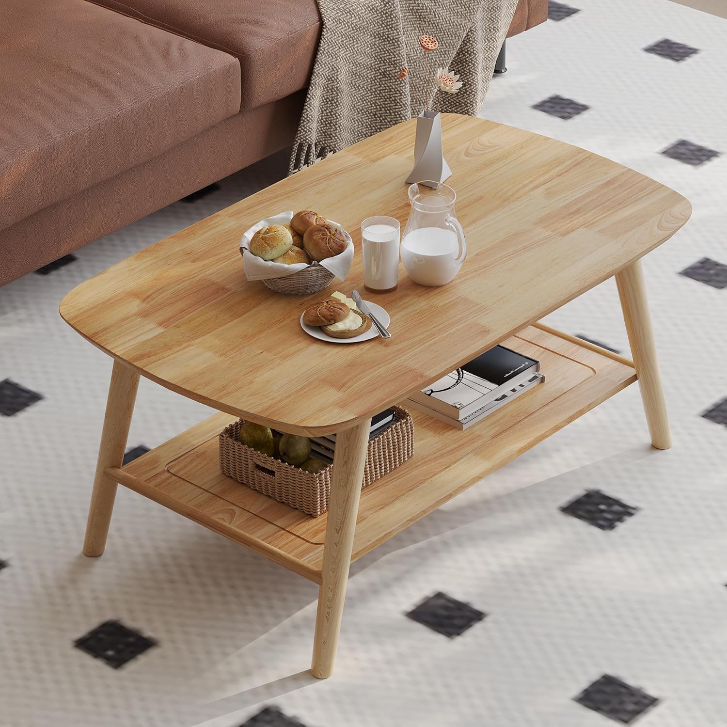 ZKIODV Couchtisch Holz mit 2 Ablagen, Sofatisch Beistelltisch in 100 × 60 × 45 cm, Wohnzimmertisch Oval aus Massivholz, Natur geölt