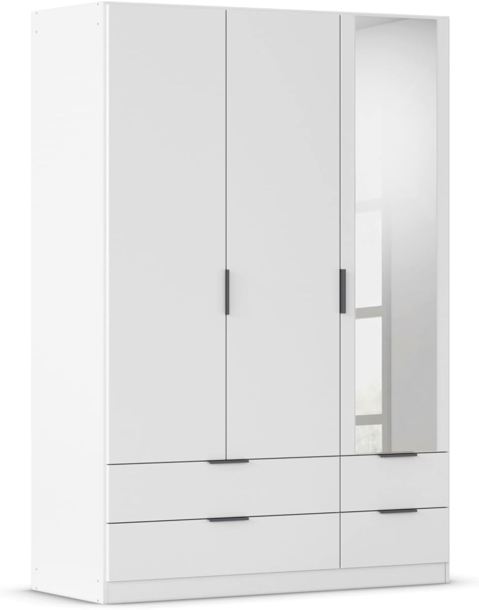 Rauch Möbel Lagoa, Breite 136 cm, Farbe Weiß, Kleiderschrank, Garderobe für Schlafzimmer, Jugendzimmer 3-türig mit Spiegel, 4 Schubladen