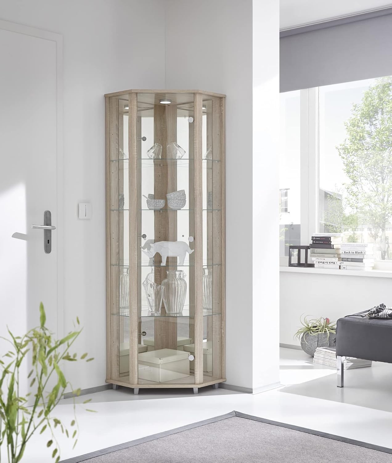möbelando Eckvitrine Vitrinenschrank Glasvitrine Vitrine Berlin I Sonoma Eiche, zugleich großzügigen Stauraum, Beleuchtung, MDF
