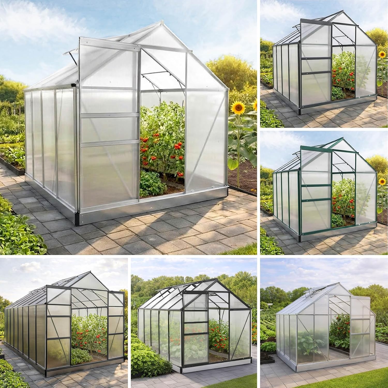 BRAST Gewächshaus Aluminium mit Fundament, 250 × 190 × 195 cm Silber, 130 × 190 × 195 cm, 490 × 250 × 235 cm, 6 mm Hohlkammerplatten, 42 Modelle