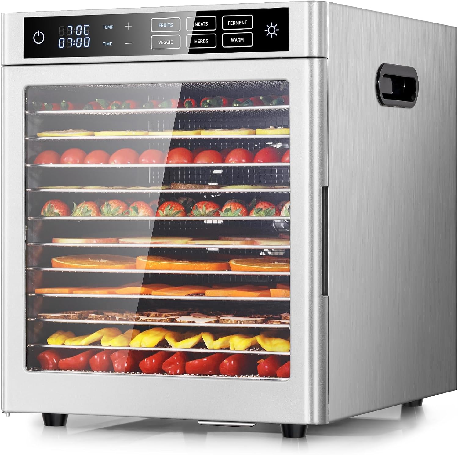 Kwasyo Dörrautomat 12 Etagen Edelstahl, 85 °C Temperaturregelung, 800 W Dörrautomat, 6 Voreinstellungen für Früchte, Fleisch, 24 Timer