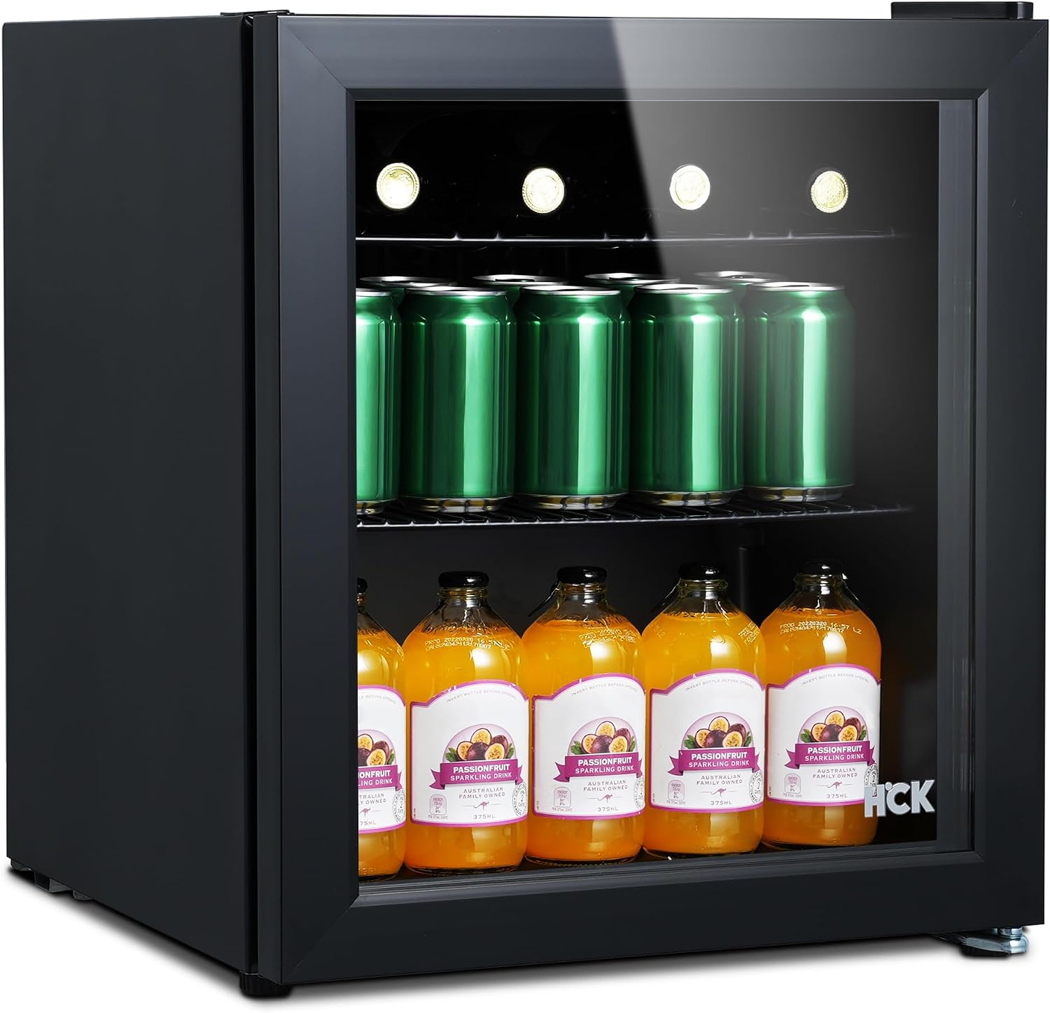 HCK 48 l Mini Kühlschrank mit Glastür, 0-15 °C Getränkekühlschrank für Bier, Lautlose kleine Kühlschränke 39 dB, Schwarz, 2 Ablagen, Minibar Bar Party