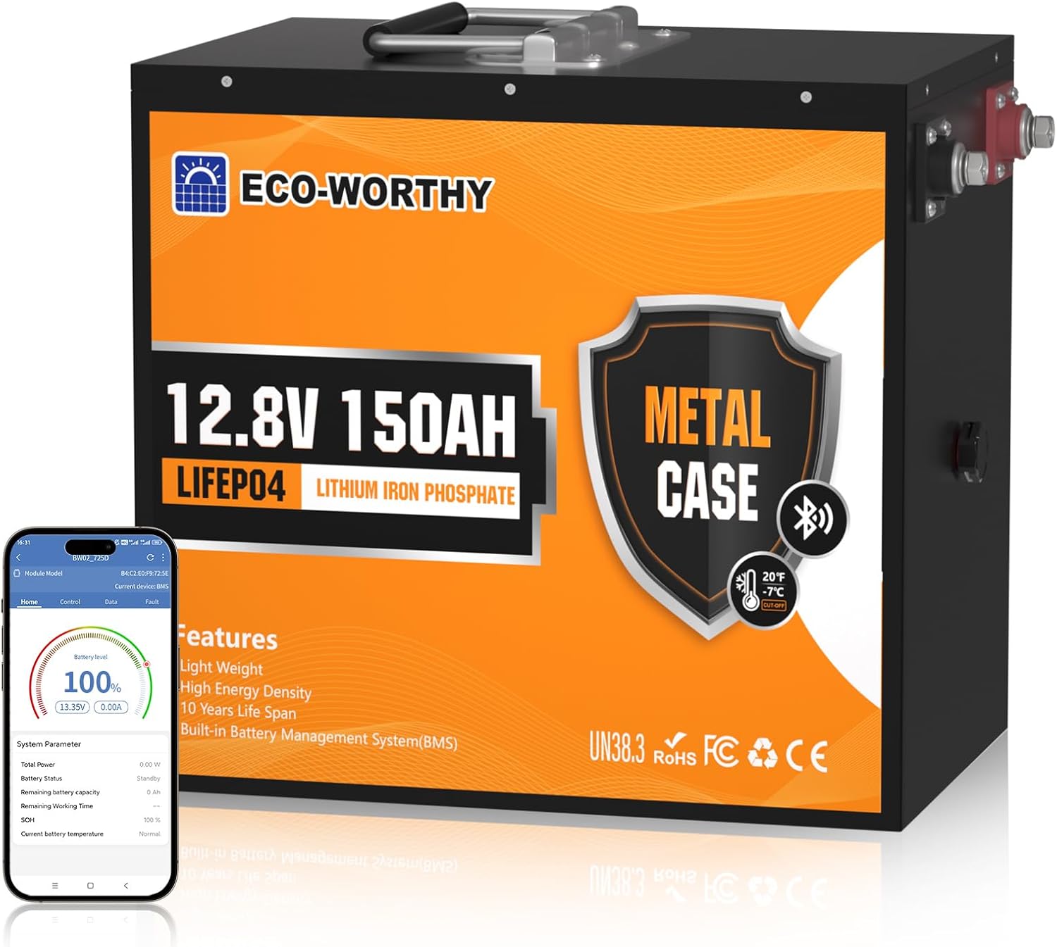 ECO-WORTHY LiFePO4 150 Ah 12 V Bluetooth Batterie mit 120A BMS Low-Temp Schutz und Max. 15000 Zyklens, 1920 Wh Lithiumbatterie 12 V für Wohnmobil
