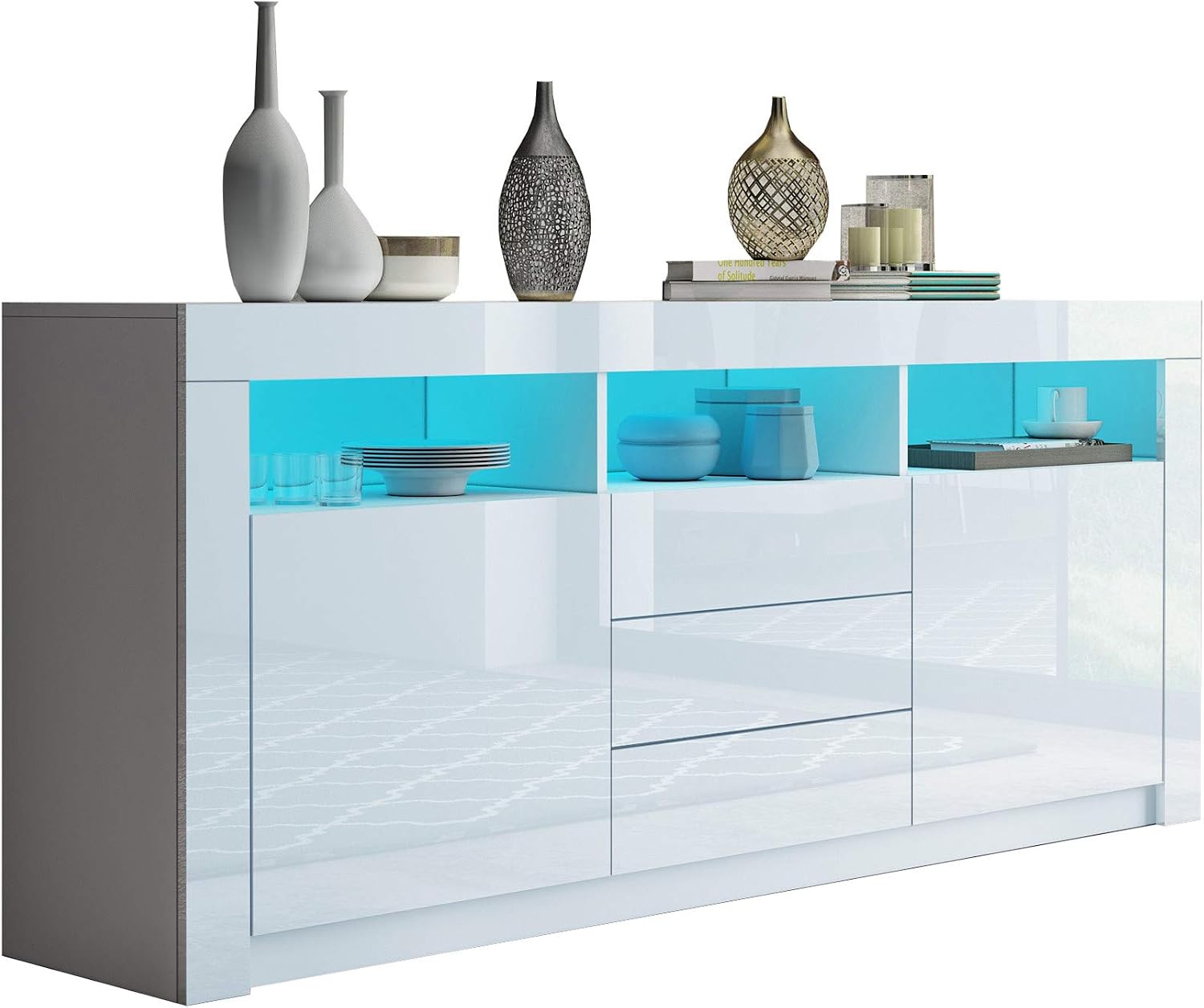 Ikewaier Moderner Sideboard, 160 cm, Beleuchtung, Stauraum, Weiß/Grau