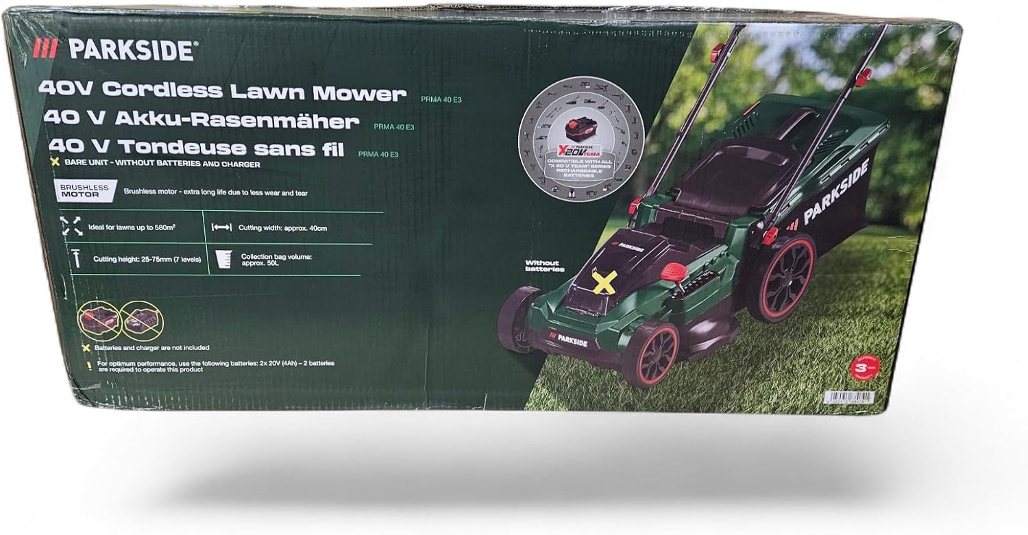 Parkside PRMA 40-Li C1 Akku-Rasenmäher, 40 cm, 2 × 4 ah, Doppel Ladegerät, BRUSHLESS Motor