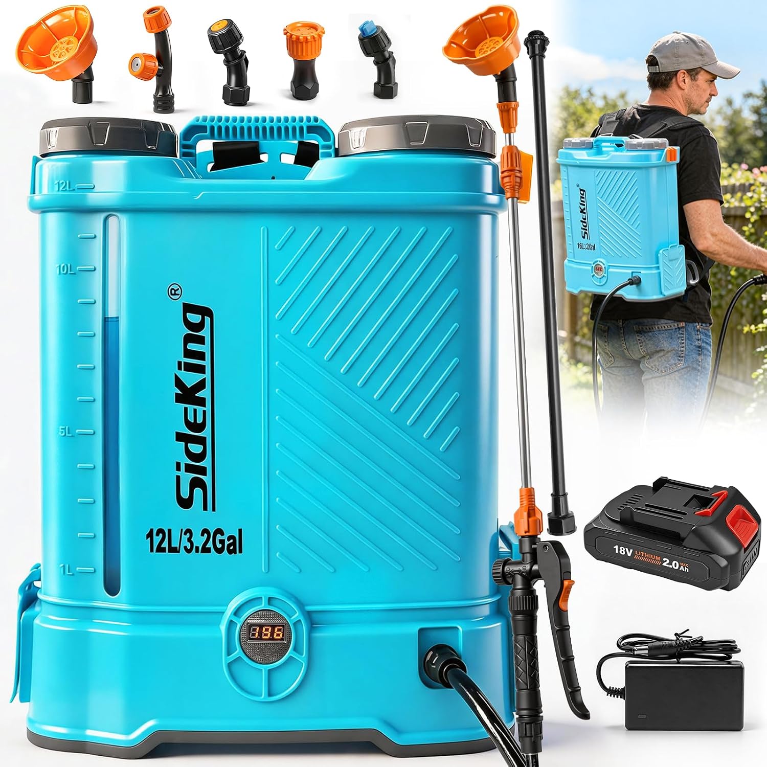 SideKing Akku Drucksprüher 12 l, Inkl. Akku, Rückenspritze kompatibel mit Makita 18 V Akku, 5,5 Bar Drucksprüher mit Teleskoplanze, Düngung