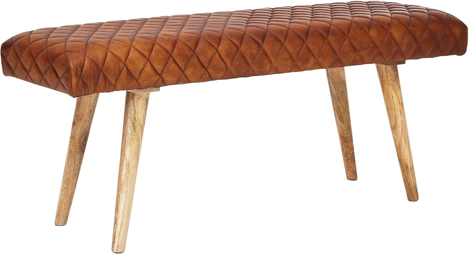 FineBuy Möbel zum Wohlfühlen Sitzbank, 115 cm, Massivholz, Leder, Retro Polsterbank für Garderobe Schlafzimmer & Wohnzimmer
