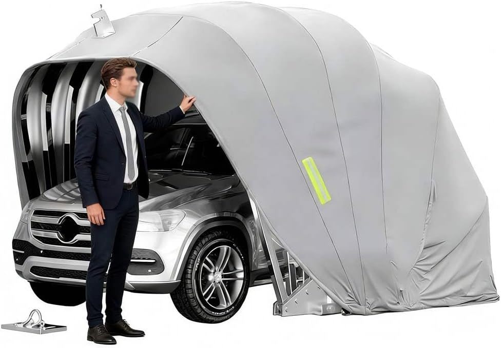 BEDCKCC Allwetterfester Carport Carports, Grau 5.9 × 2.7 × 2.45 M, Mobile Edelstahl Faltgarage, Für Pickups, Abschließbarer, Und Autos, Aluminium