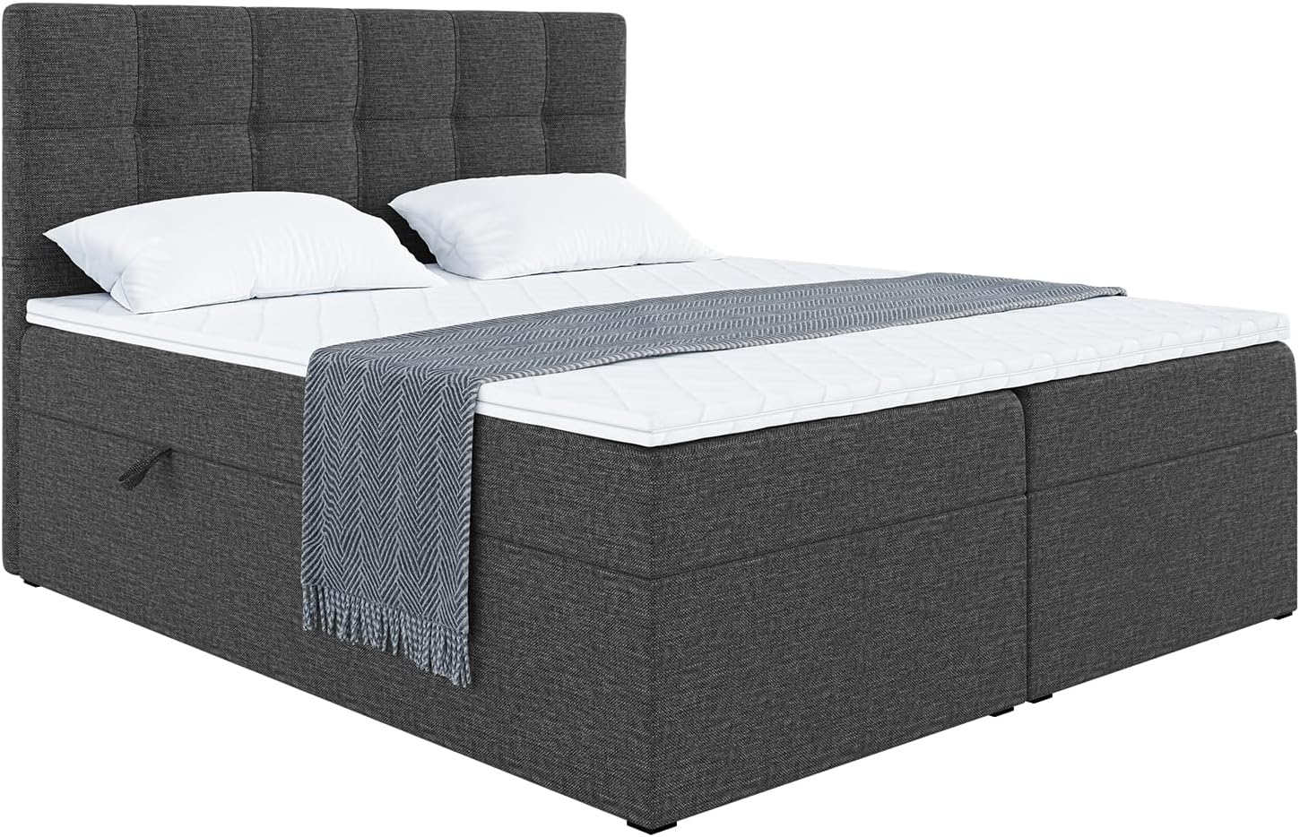 MEBLINI Boxspringbett mit Bettkasten, H3/Dunkelgrau Webstoff, 140 × 200, Gepolstert Doppelbett mit Matratze und Topper, Polsterbett mit Stauraum, NILS