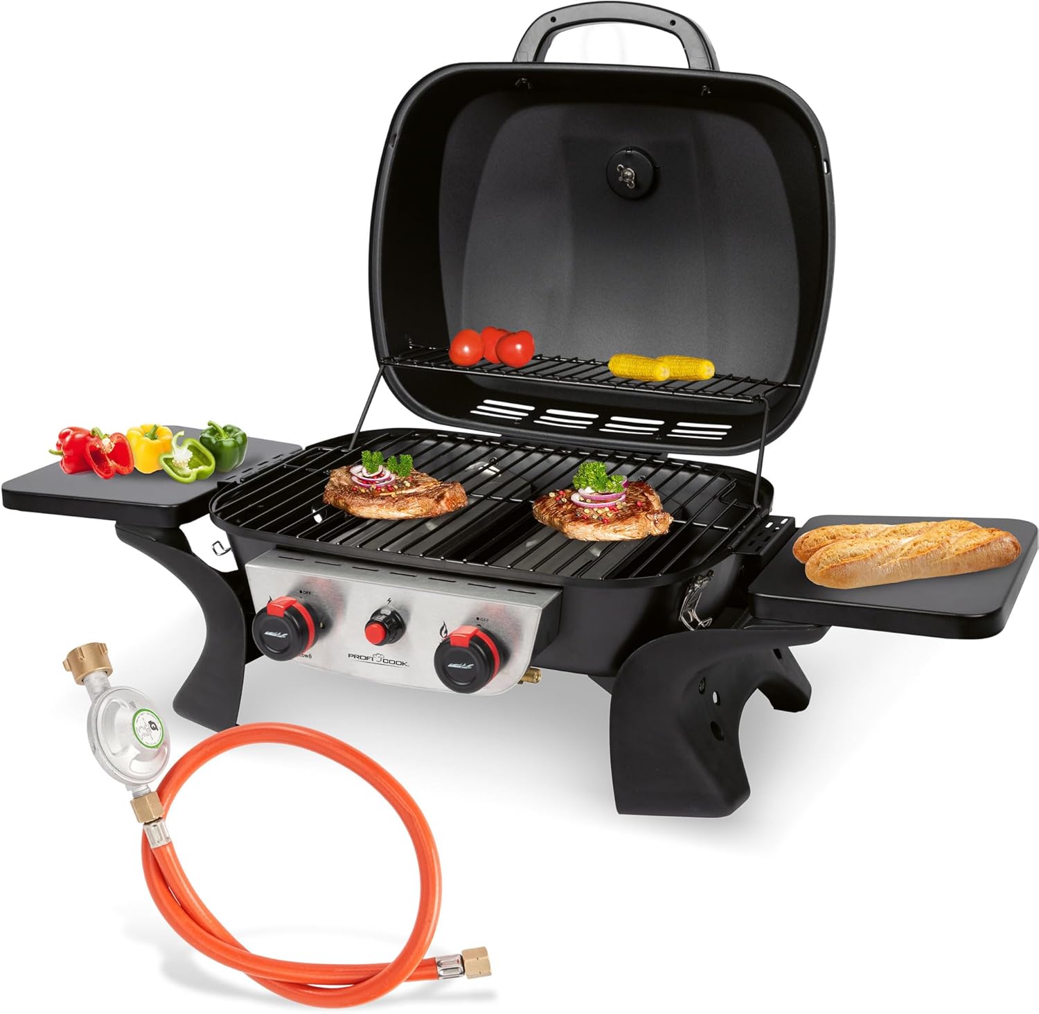 Profi Cook ProfiCook Gasgrill mit 2 Edelstahlbrennern, PC GG 1261, Gasgrill klein für Balkon & Camping, Schwarz/Silber