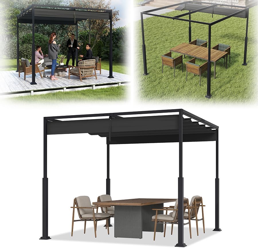 VA-Cerulean Pavillon Metall Pergola Schiebedach, , für Gärten Schwarz, verstellbar