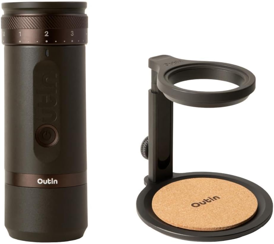 OutIn Fino tragbare elektrische Kaffeemühle Espressomaschinen-, Abschaltautomatik, Schwarz/Braun, Aluminium
