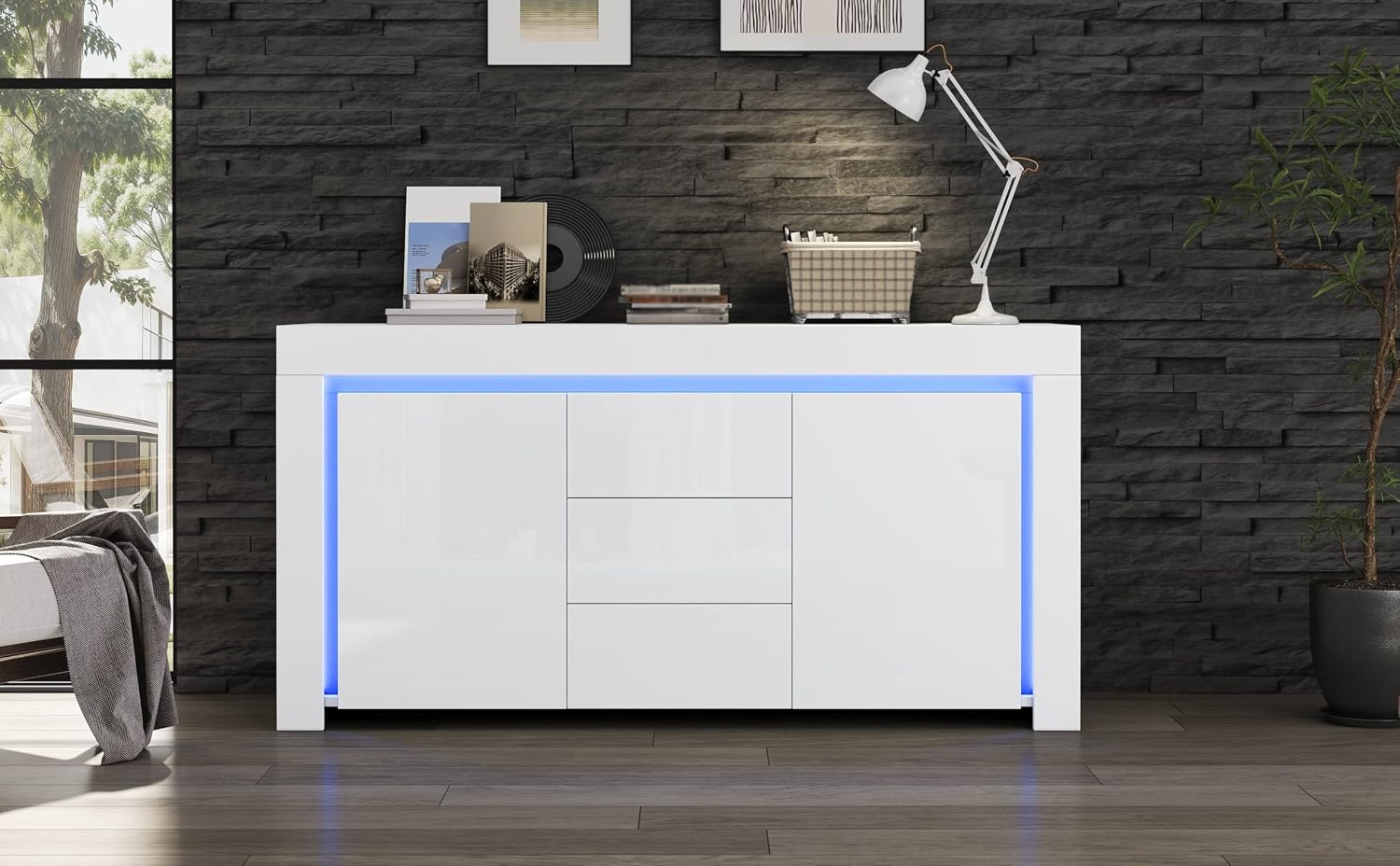 QQJIN Kommode Weiß Hochglanz Sideboard LED, , 140 * 40 * 65 cm Moderne Kommode mit 3 Schubladen, 2 Türen, App-Steuerung, App-/WLAN-Steuerung