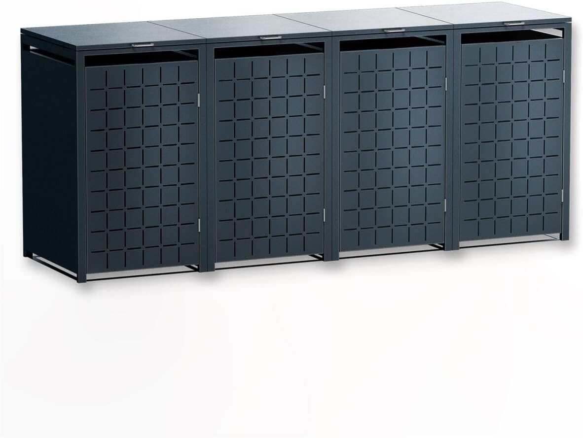 Metzler Mülltonnenbox 4er 240 l Anthrazit mit Quadratmuster, Metall Mülltonnenverkleidung für 4 Tonnen abschließbar, Geo