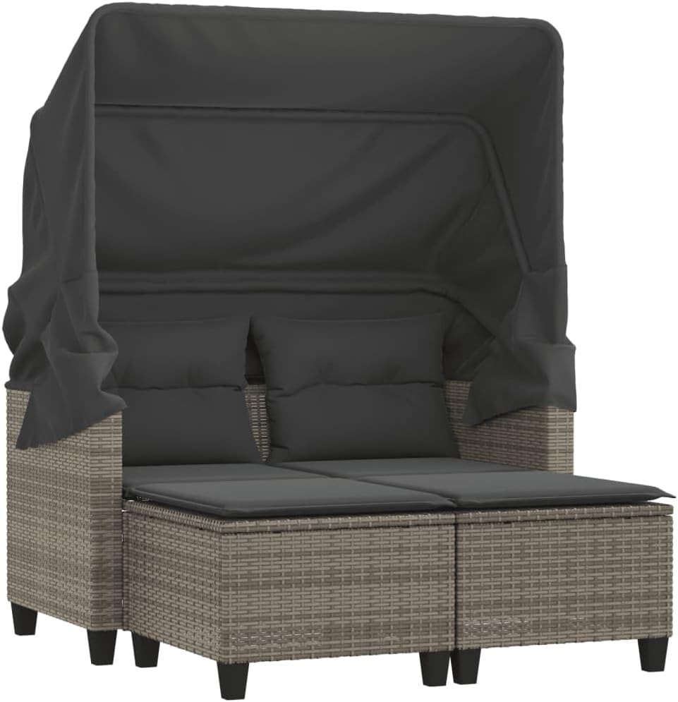 VidaXL Gartensofa 2-Sitzer mit Dach Hockern, Garten Lounge Set Terrasse, Grau Poly Rattan, Outdoor Sofa Gartenmöbel, Terrassenmöbel Zweisitzer