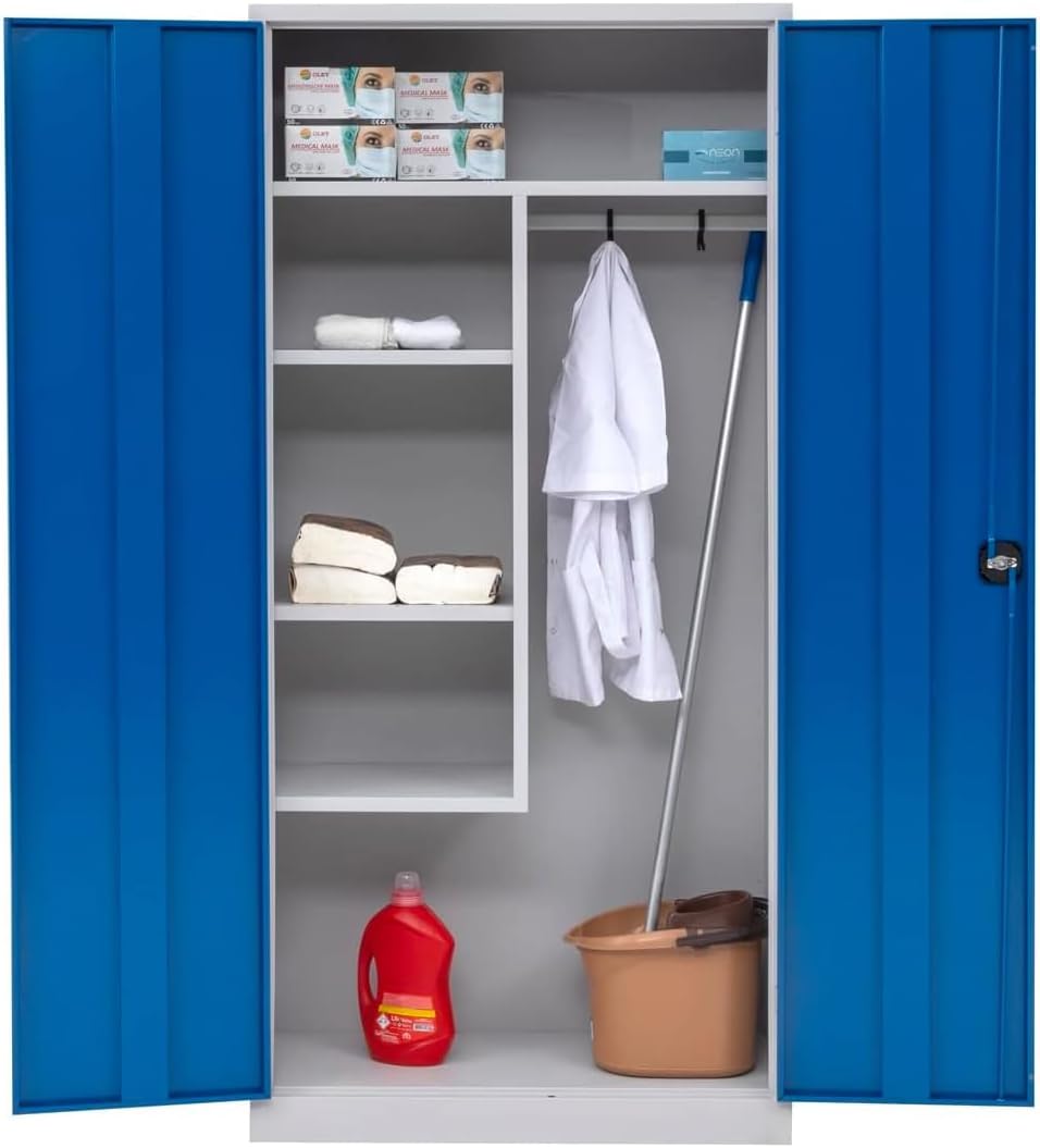 Furni24 Metall Putzmittelschrank–Wäscheschrank aus Stahl mit blauen Türen Zweipunktverriegelung incl.
