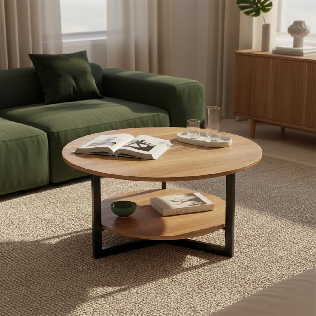 Skølm Drakkar Couchtisch rund Ø70 cm, Wohnzimmertisch aus Massivholz Eiche & Metallgestell, Sofatisch mit 2 Ablagen, Kleiner Beistelltisch geölt