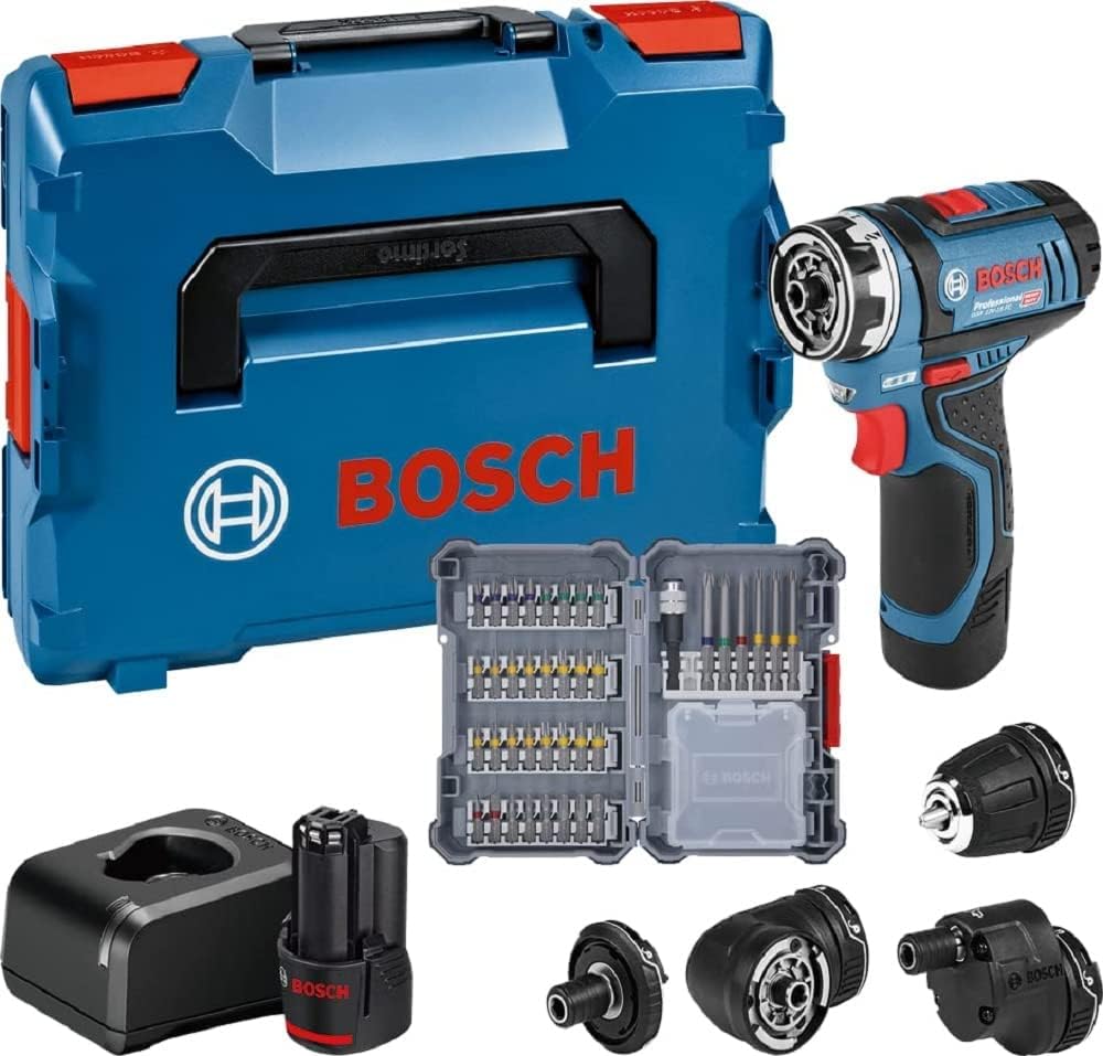 Bosch Professional 12 V System Akku Bohrschrauber GSR 12 V-15 FC, Inkl. 2 × 2.0 GBA 12 V Akku, 40-tlg. Zubehör-Set 40, Ladegerät, FlexiClick System