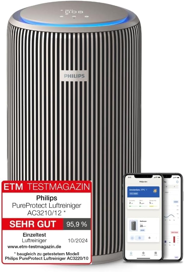 Philips PureProtect 3200 Serie: Intelligenter Luftreiniger, AC3210/12, HEPA- und Aktivkohlefilter, CADR 500 m3/h für 130 m2, Erfasst 99,97% Allergene