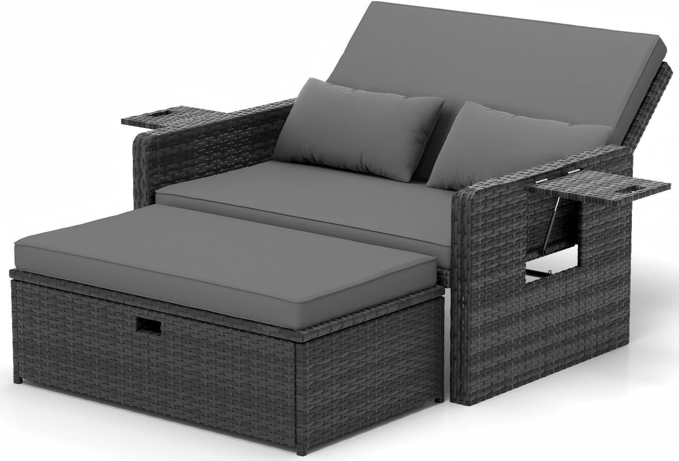 UDPATIO Rattan Lounge Möbel Outdoor, Grau-meliert & Dunkelgraue Bezüge, Lounge Balkonmöbel Gartensofa mit Hocker, Rattan Sofa mit Stauraum, Balkon