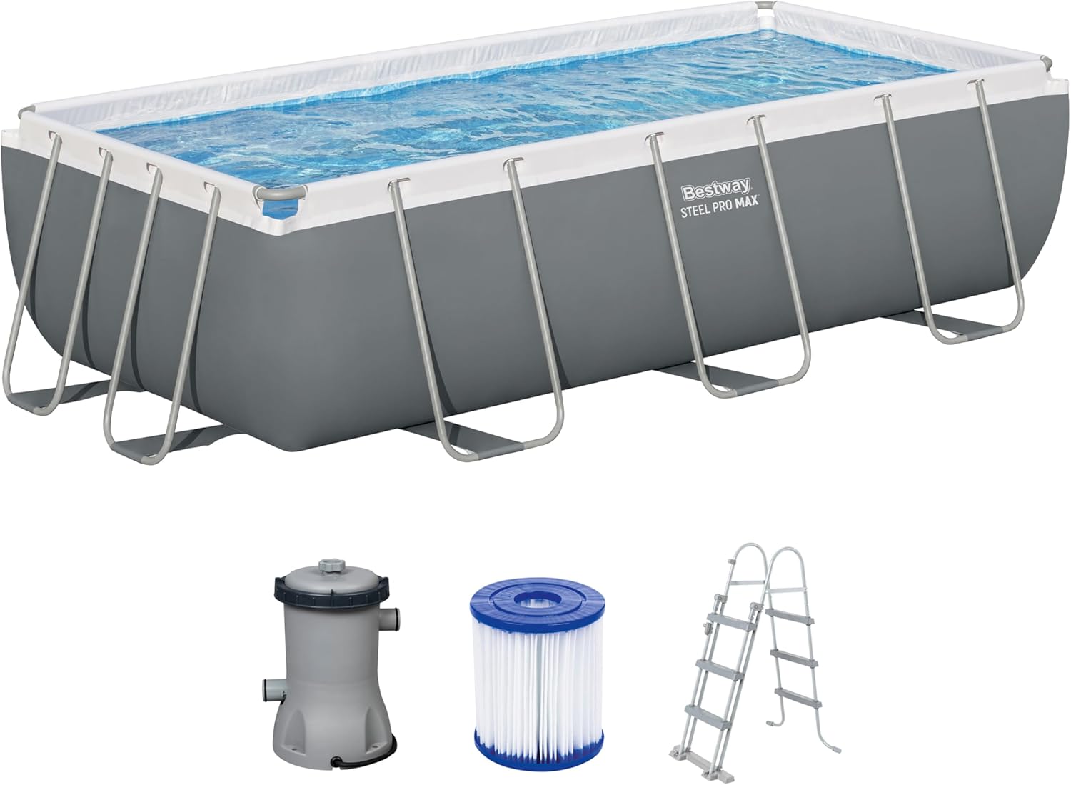 Bestway Power Steel Frame Pool Set mit Filterpumpe 404 × 201 × 100 cm, Grau, Eckig