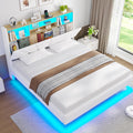 Brinlawb Schwebebett Polsterbett 140 × 200 cm mit LED-Beleuchtung und Ladestation, Bettgestell 140 × 200 cm Weiß, 2 Steckdosen, 1 USB-A, 1 USB-C