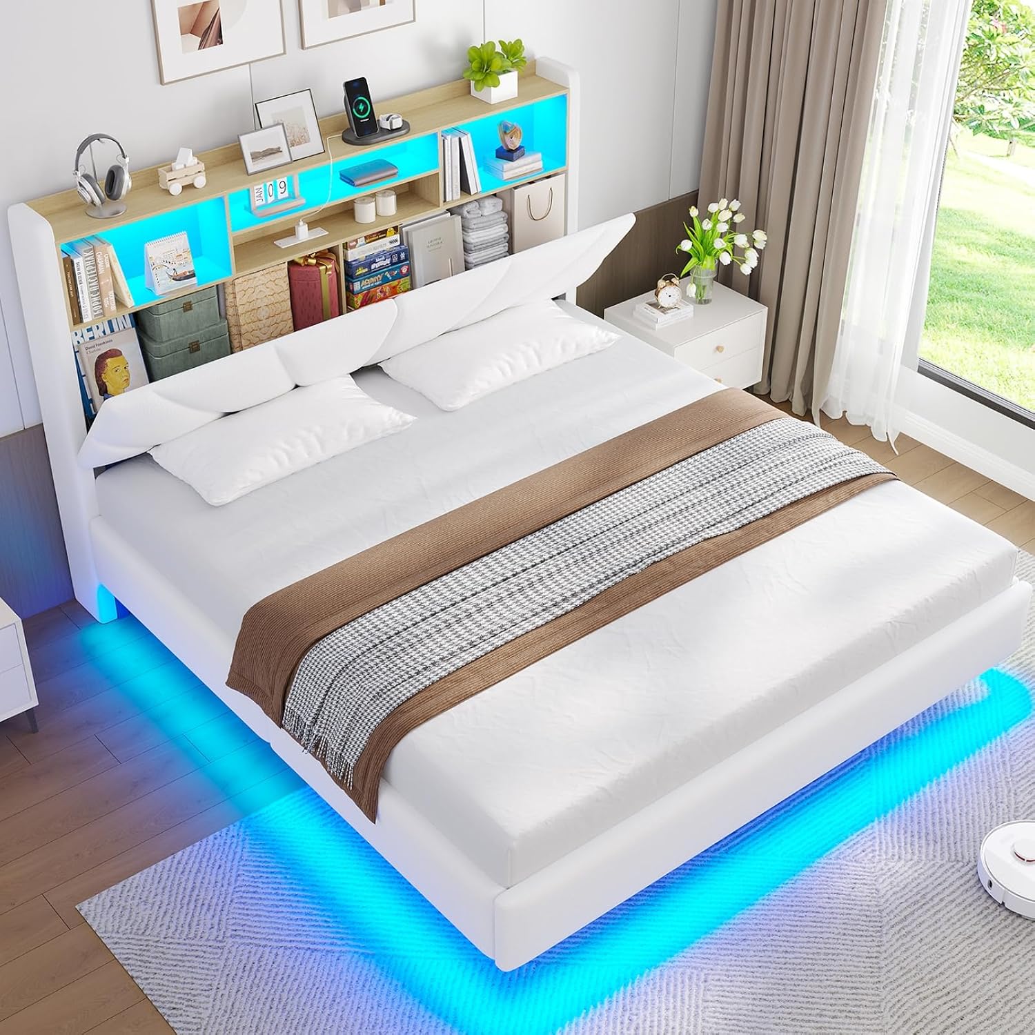 Brinlawb Schwebebett Polsterbett 140 × 200 cm mit LED-Beleuchtung und Ladestation, Bettgestell 140 × 200 cm Weiß, 2 Steckdosen, 1 USB-A, 1 USB-C