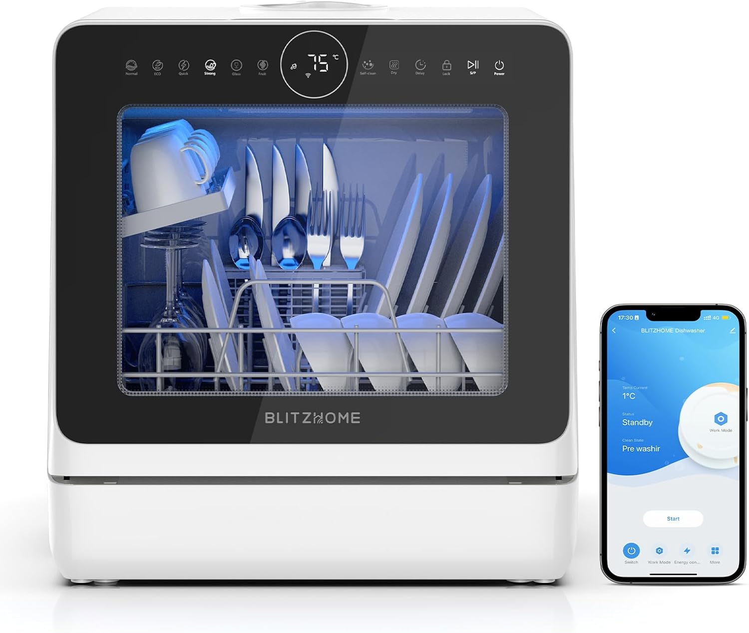 BLITZHOME Mini Spülmaschine, BLITZHOME Tischgeschirrspüler, 5L, 2 Programme, Kindersicherung, App-Steuerung, App-/WLAN-Steuerung, Selbstreinigung